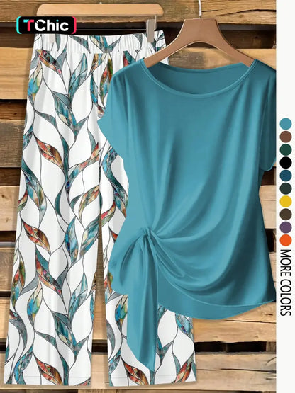 Women's Casual Printed Knot Shirt and Loose Straight Pants Set