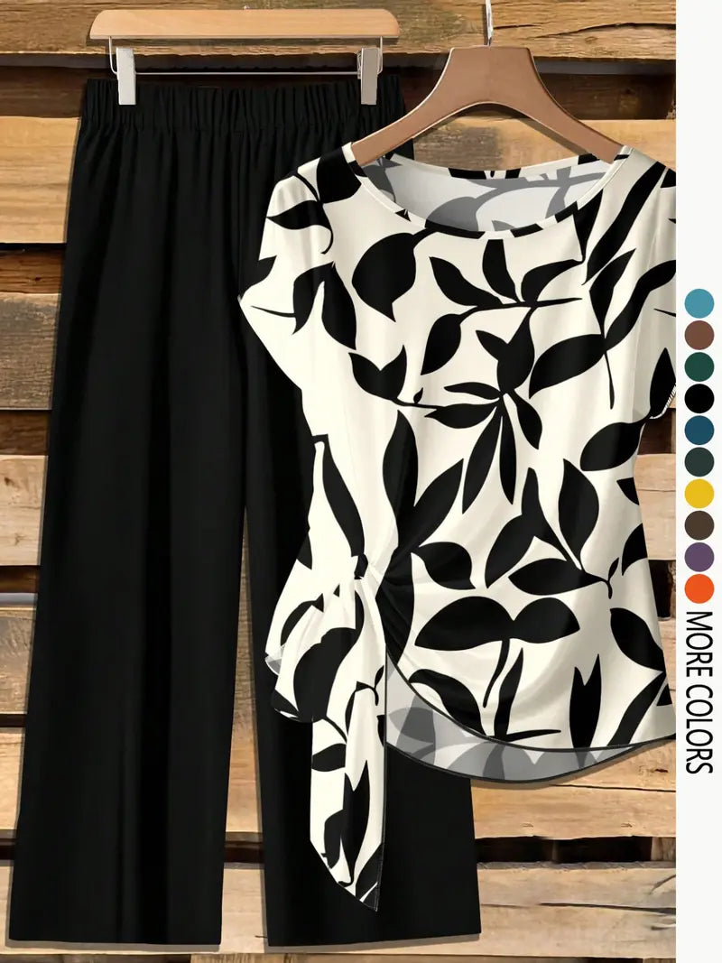 Women's Casual Printed Knot Shirt and Loose Straight Pants Set