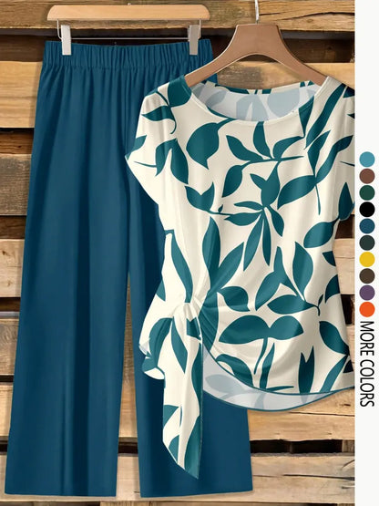 Women's Casual Printed Knot Shirt and Loose Straight Pants Set