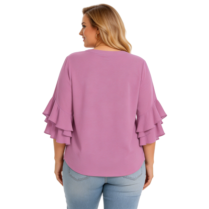 Women's Plus Size Ruffled Sleeve V-Neck Shirt Blouse Tops