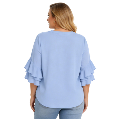 Women's Plus Size Ruffled Sleeve V-Neck Shirt Blouse Tops