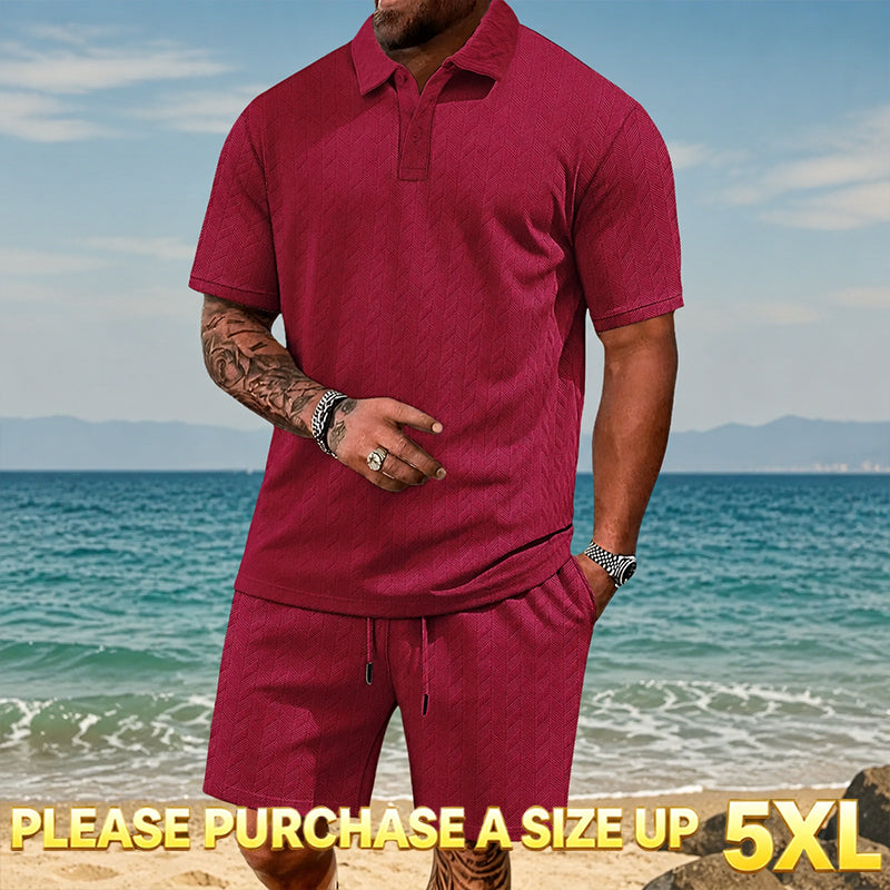 "🔥Last day promotion🔥Men's Solid Polo Shirt & Drawstring Waist Shorts Set, Cozy Breathable Two-piece"