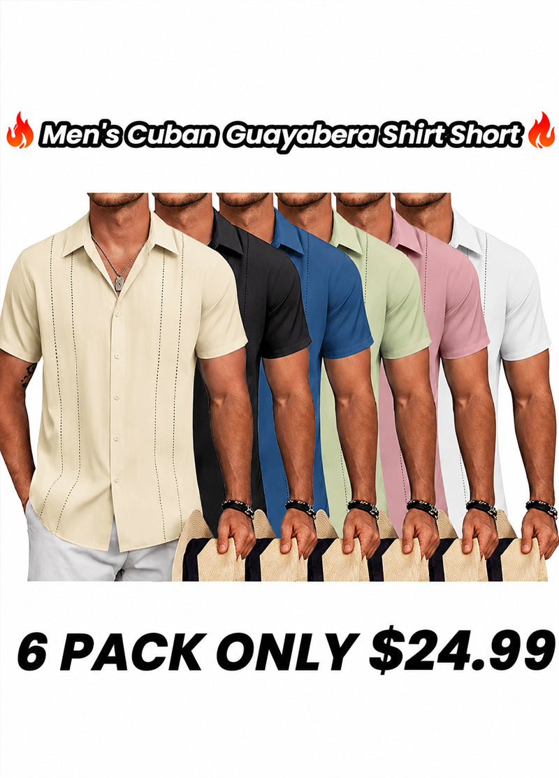 🔥Last day promotion🔥Men's Cuban Guayabera Shirt Short Sleeve V-Neck Button Down Casual Summer Beach Linen Top Fitted Breathable Soft Fabric