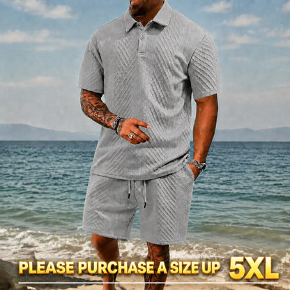 "🔥Last day promotion🔥Men's Solid Polo Shirt & Drawstring Waist Shorts Set, Cozy Breathable Two-piece"