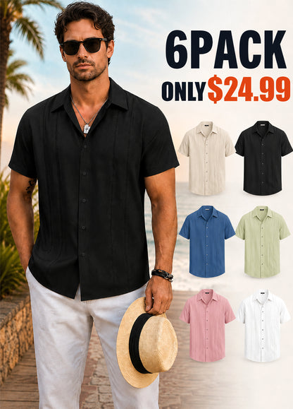 🔥Last day promotion🔥Men's Cuban Guayabera Shirt Short Sleeve V-Neck Button Down Casual Summer Beach Linen Top Fitted Breathable Soft Fabric