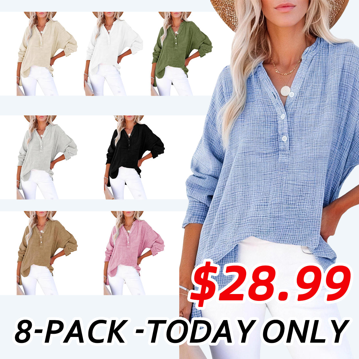 Limited time sale🔥Womens Casual Gauze Button Neck Long Sleeve Oversized BlousesTops