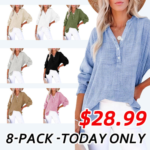 Limited time sale🔥Womens Casual Gauze Button Neck Long Sleeve Oversized BlousesTops