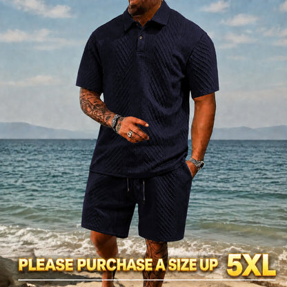 "🔥Last day promotion🔥Men's Solid Polo Shirt & Drawstring Waist Shorts Set, Cozy Breathable Two-piece"
