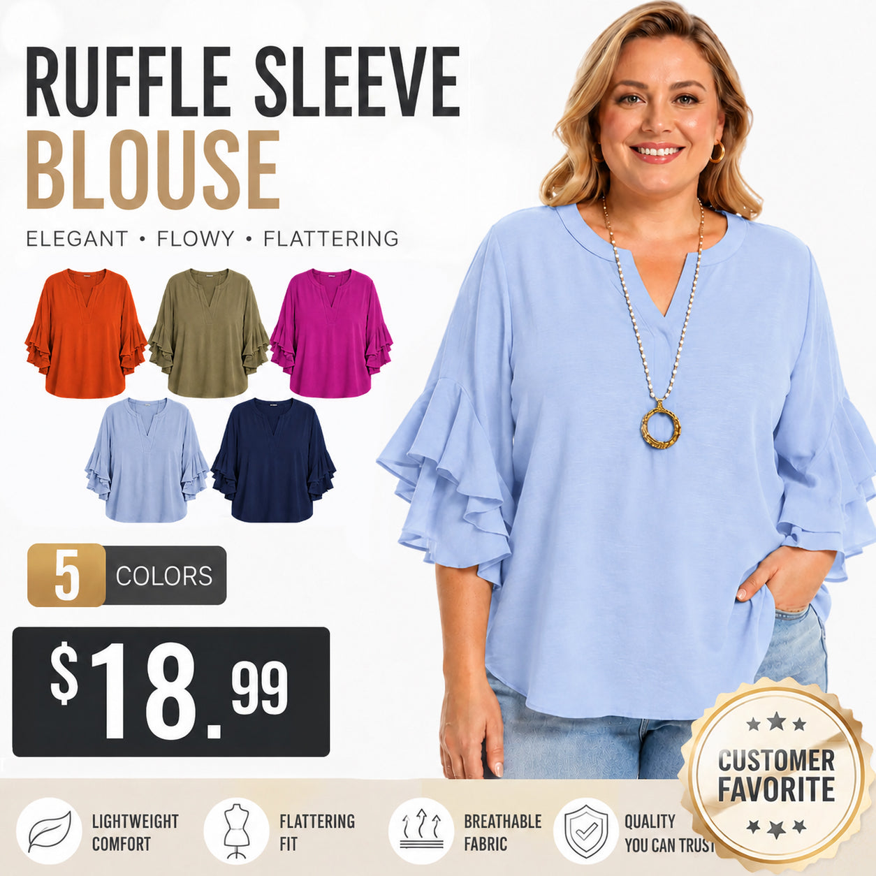 Women's Plus Size Ruffled Sleeve V-Neck Shirt Blouse Tops