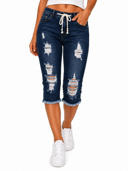 Fashion Distressed Ripped Capri Jeans Plus Size Casual High-Waisted Drawstring Waist Denim Cropped Pants + Lace cutout top