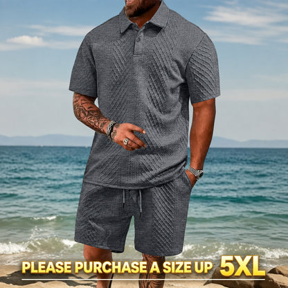 "🔥Last day promotion🔥Men's Solid Polo Shirt & Drawstring Waist Shorts Set, Cozy Breathable Two-piece"