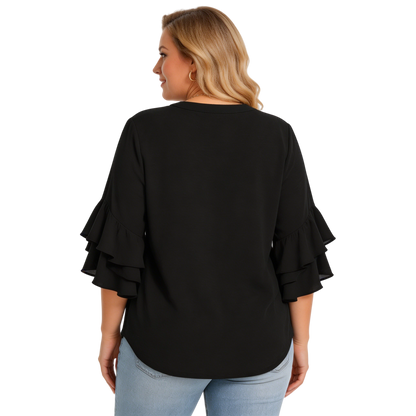 Women's Plus Size Ruffled Sleeve V-Neck Shirt Blouse Tops