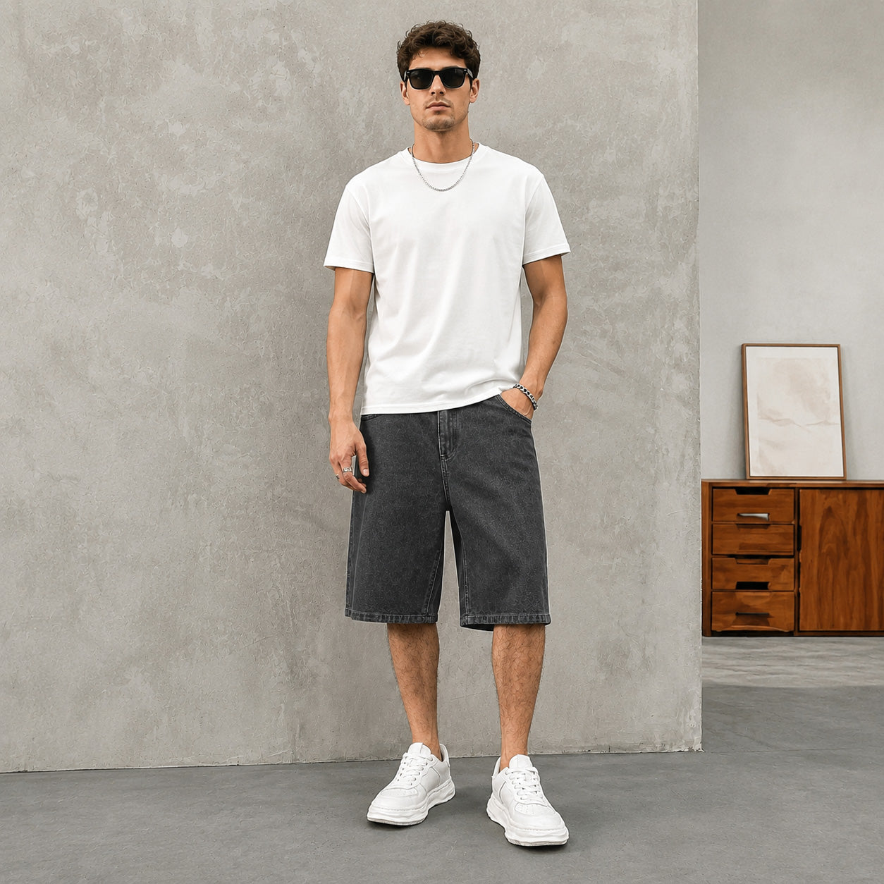 Men's Solid Color Plain Denim Fabric Shorts