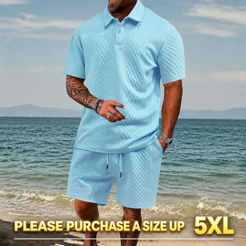 "🔥Last day promotion🔥Men's Solid Polo Shirt & Drawstring Waist Shorts Set, Cozy Breathable Two-piece"