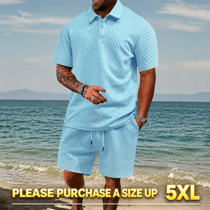 "🔥Last day promotion🔥Men's Solid Polo Shirt & Drawstring Waist Shorts Set, Cozy Breathable Two-piece"