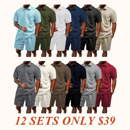 "🔥Last day promotion🔥Men's Solid Polo Shirt & Drawstring Waist Shorts Set, Cozy Breathable Two-piece"