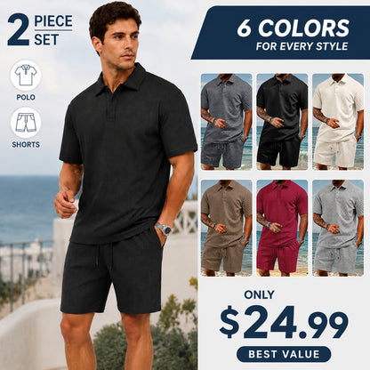 "🔥Last day promotion🔥Men's Solid Polo Shirt & Drawstring Waist Shorts Set, Cozy Breathable Two-piece"