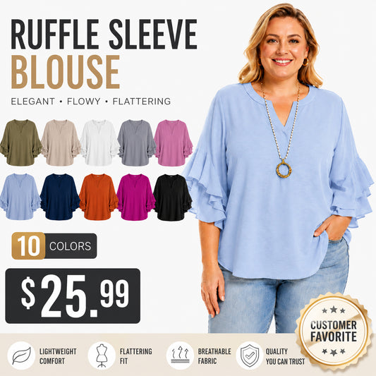 Women's Plus Size Ruffled Sleeve V-Neck Shirt Blouse Tops