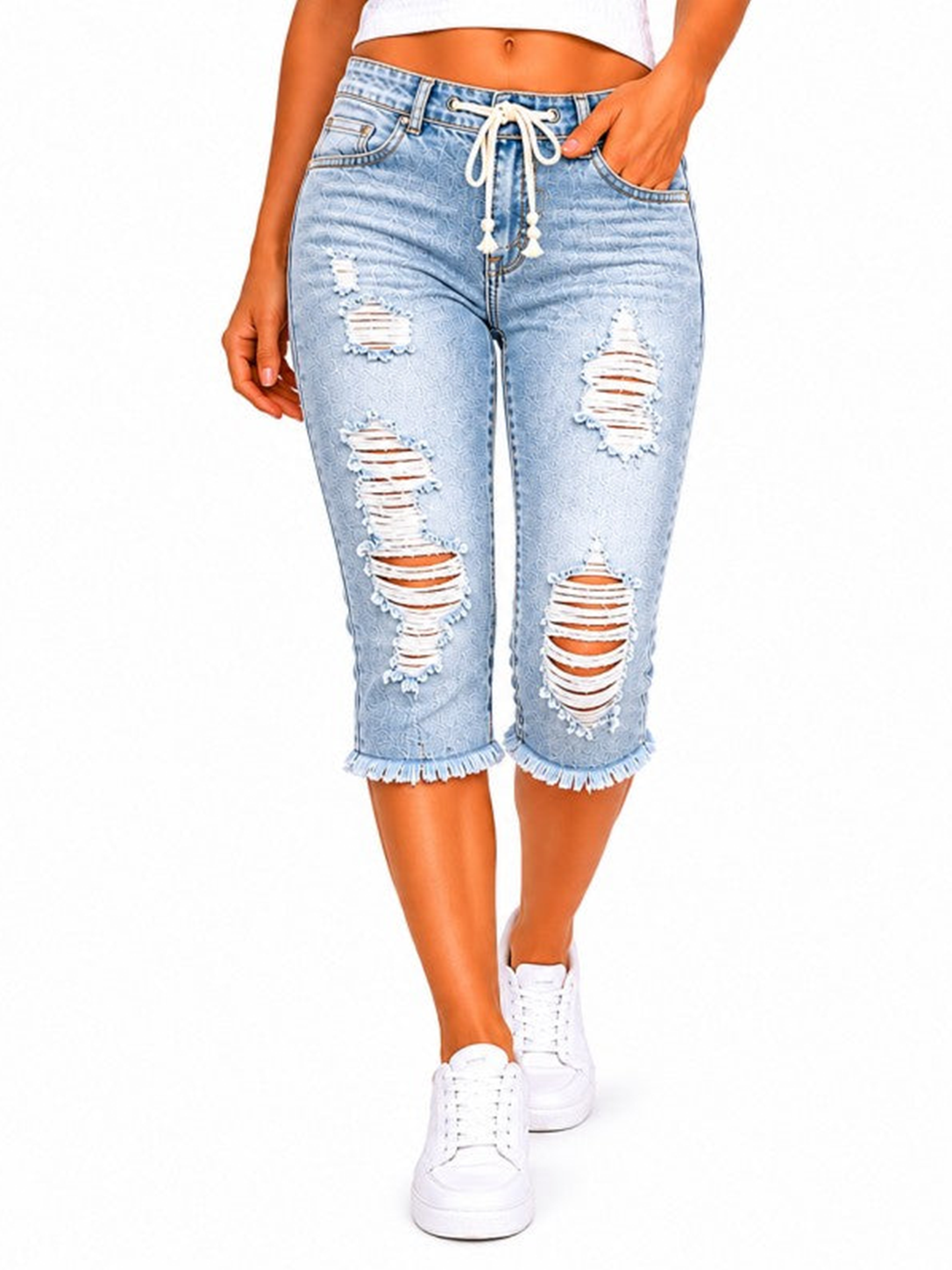 Fashion Distressed Ripped Capri Jeans Plus Size Casual High-Waisted Drawstring Waist Denim Cropped Pants + Lace cutout top