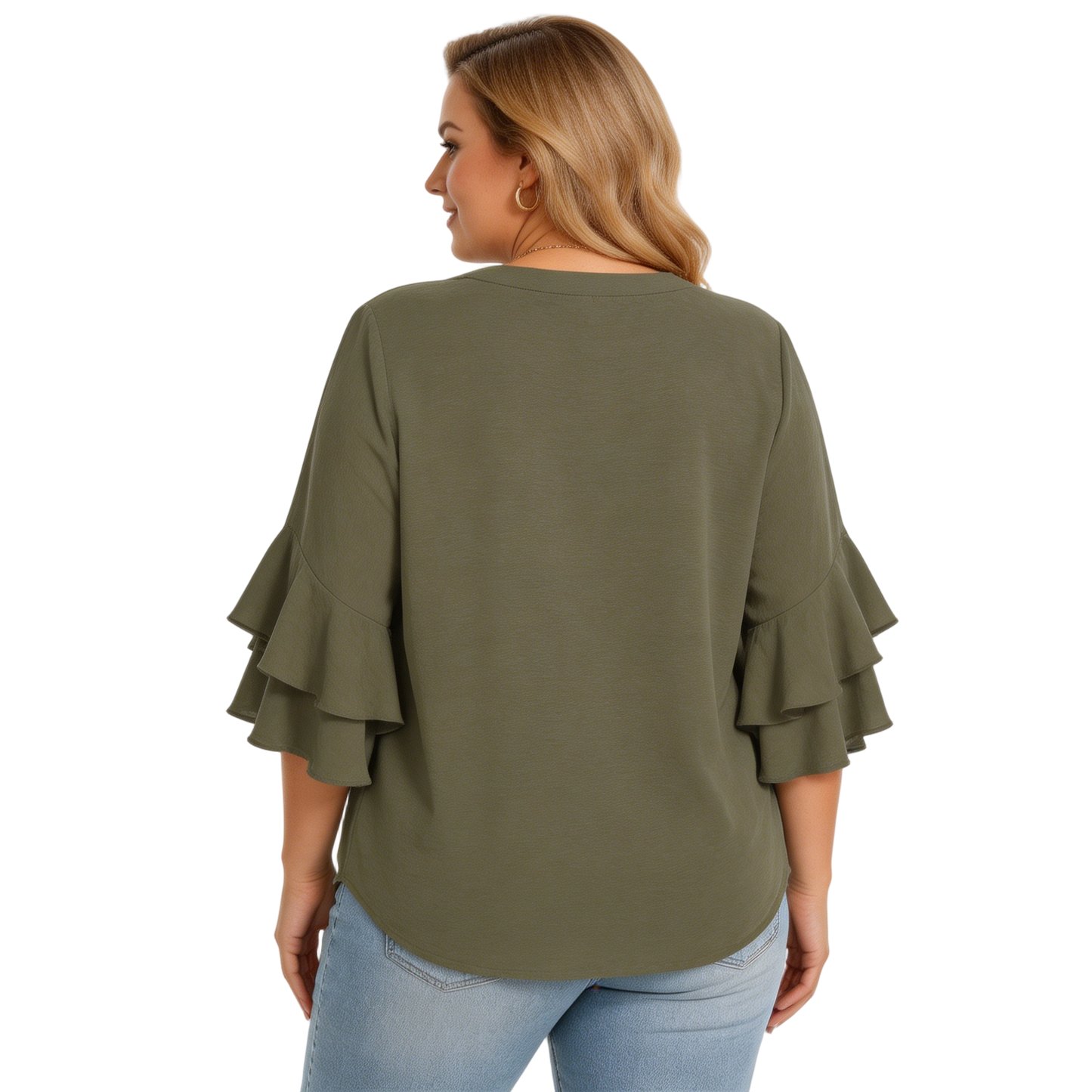 Women's Plus Size Ruffled Sleeve V-Neck Shirt Blouse Tops