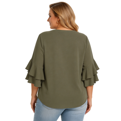 Women's Plus Size Ruffled Sleeve V-Neck Shirt Blouse Tops