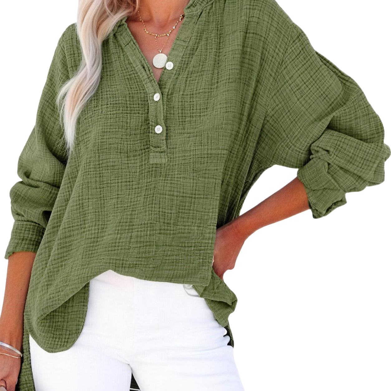 Limited time sale🔥Womens Casual Gauze Button Neck Long Sleeve Oversized BlousesTops