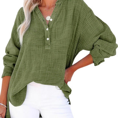 Limited time sale🔥Womens Casual Gauze Button Neck Long Sleeve Oversized BlousesTops