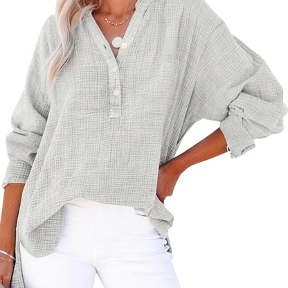 Limited time sale🔥Womens Casual Gauze Button Neck Long Sleeve Oversized BlousesTops