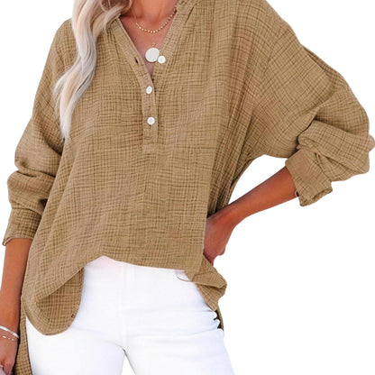 Limited time sale🔥Womens Casual Gauze Button Neck Long Sleeve Oversized BlousesTops