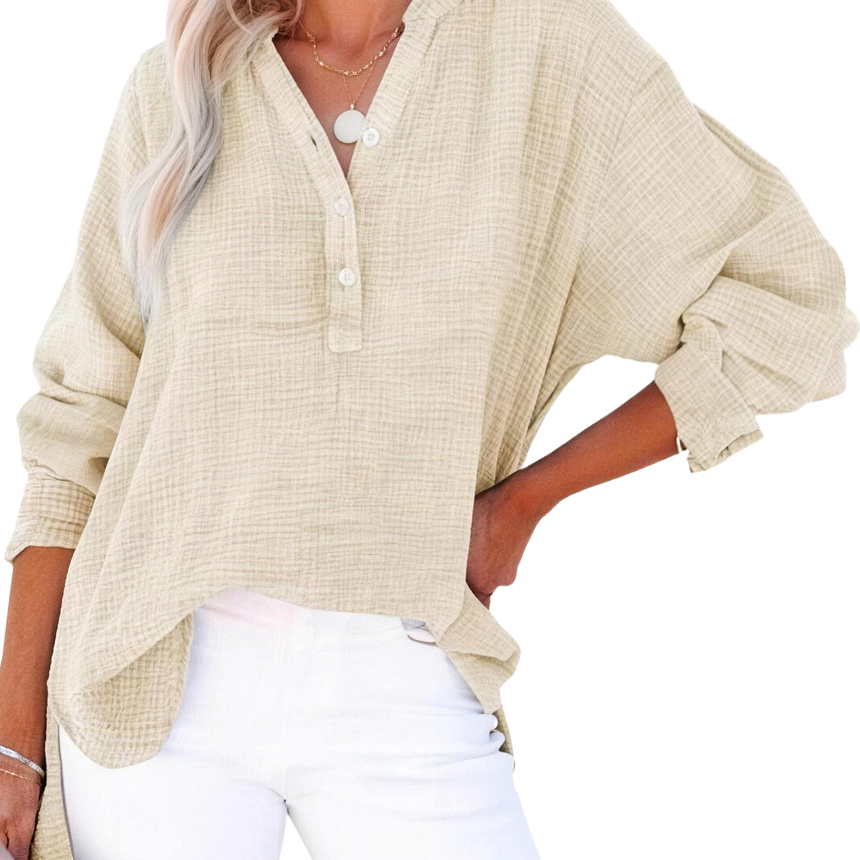 Limited time sale🔥Womens Casual Gauze Button Neck Long Sleeve Oversized BlousesTops