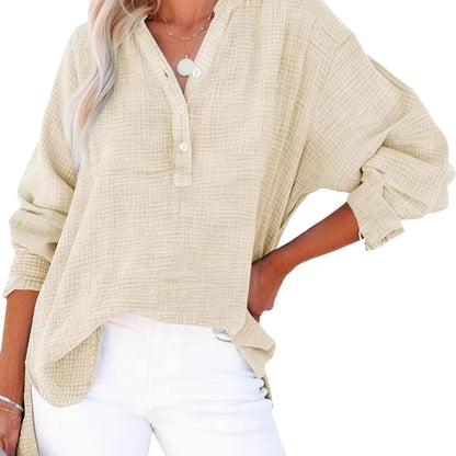 Limited time sale🔥Womens Casual Gauze Button Neck Long Sleeve Oversized BlousesTops