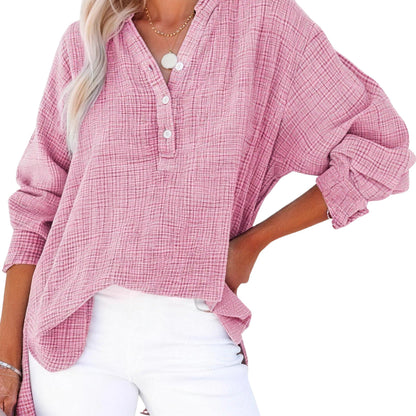Limited time sale🔥Womens Casual Gauze Button Neck Long Sleeve Oversized BlousesTops