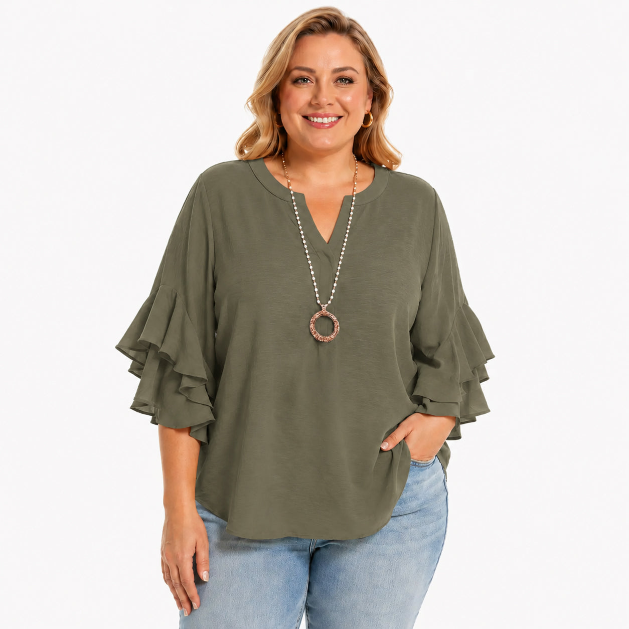Women's Plus Size Ruffled Sleeve V-Neck Shirt Blouse Tops