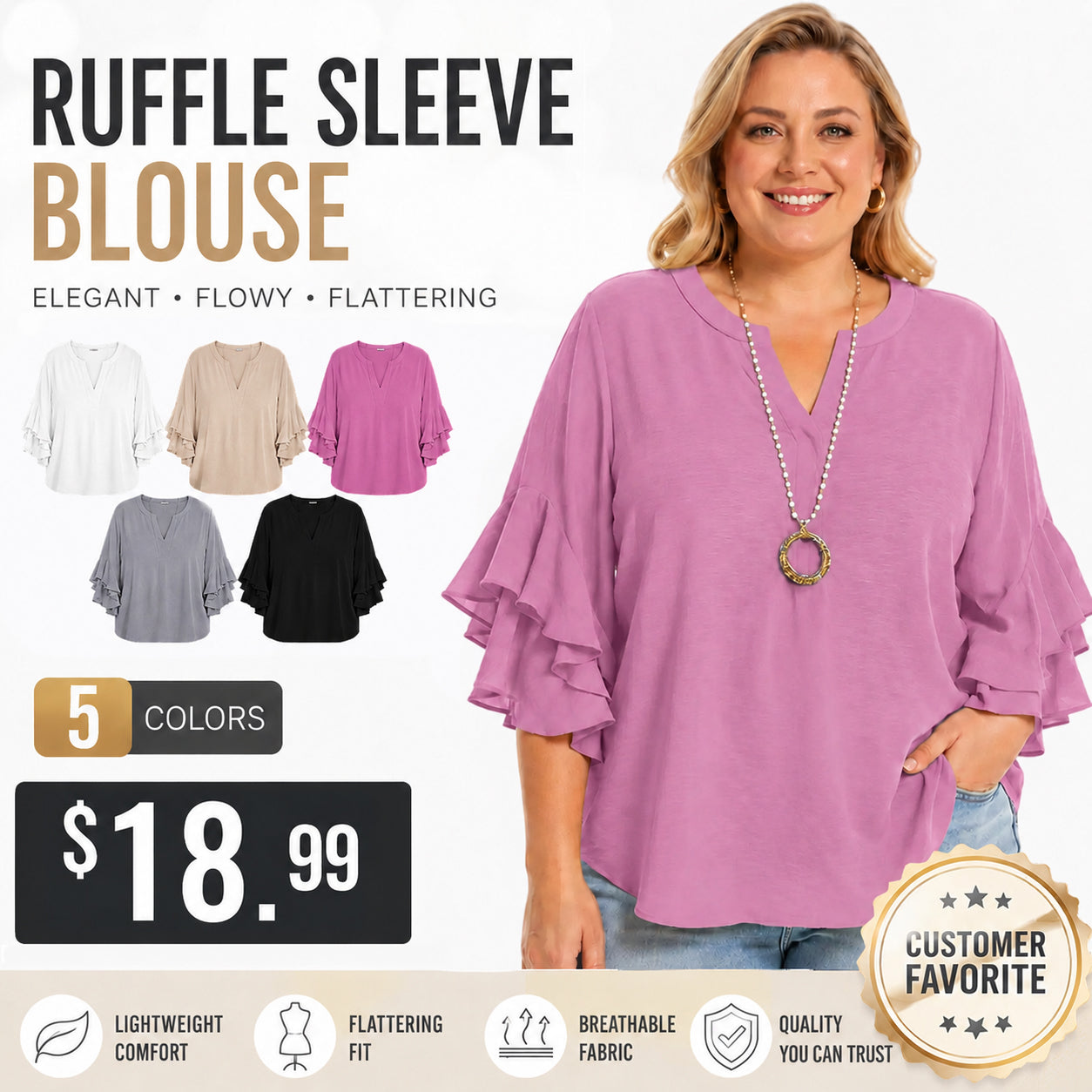 Women's Plus Size Ruffled Sleeve V-Neck Shirt Blouse Tops