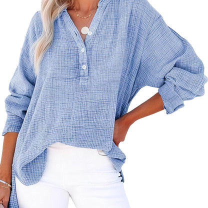 Limited time sale🔥Womens Casual Gauze Button Neck Long Sleeve Oversized BlousesTops
