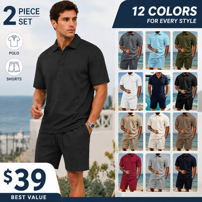 "🔥Last day promotion🔥Men's Solid Polo Shirt & Drawstring Waist Shorts Set, Cozy Breathable Two-piece"