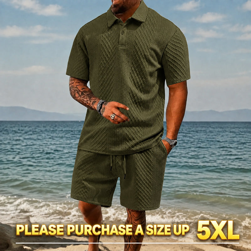 "🔥Last day promotion🔥Men's Solid Polo Shirt & Drawstring Waist Shorts Set, Cozy Breathable Two-piece"