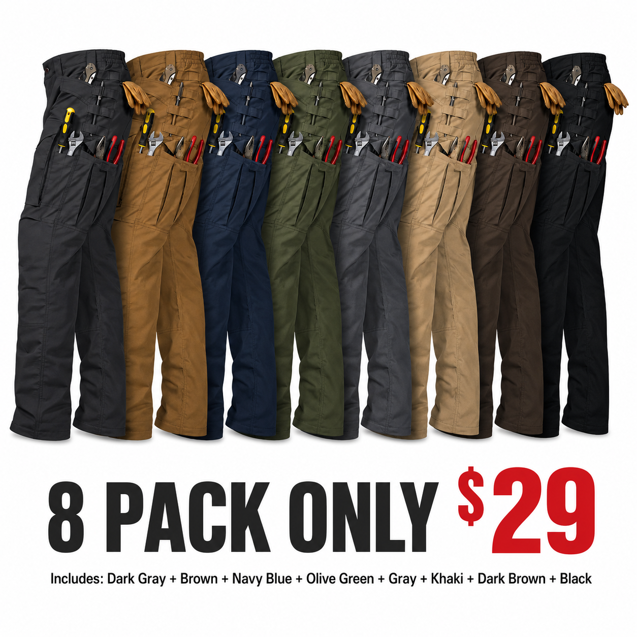 8 PACK Includes: Dark Gray + Brown + Navy Blue + Olive Green + Gray + Khaki + Dark Brown + Black