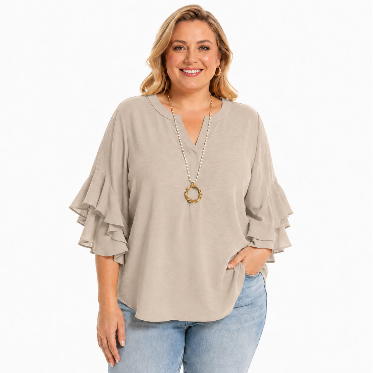 Women's Plus Size Ruffled Sleeve V-Neck Shirt Blouse Tops