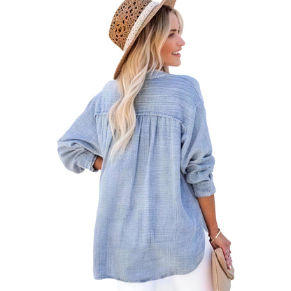 Limited time sale🔥Womens Casual Gauze Button Neck Long Sleeve Oversized BlousesTops
