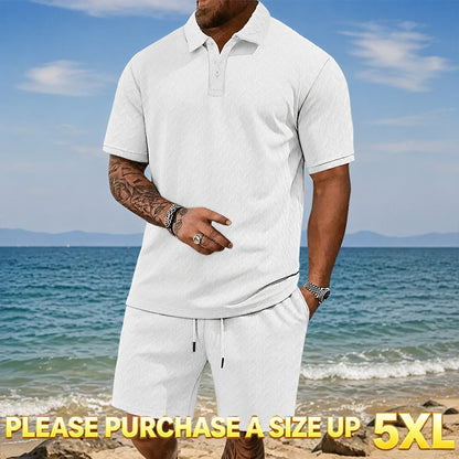 "🔥Last day promotion🔥Men's Solid Polo Shirt & Drawstring Waist Shorts Set, Cozy Breathable Two-piece"