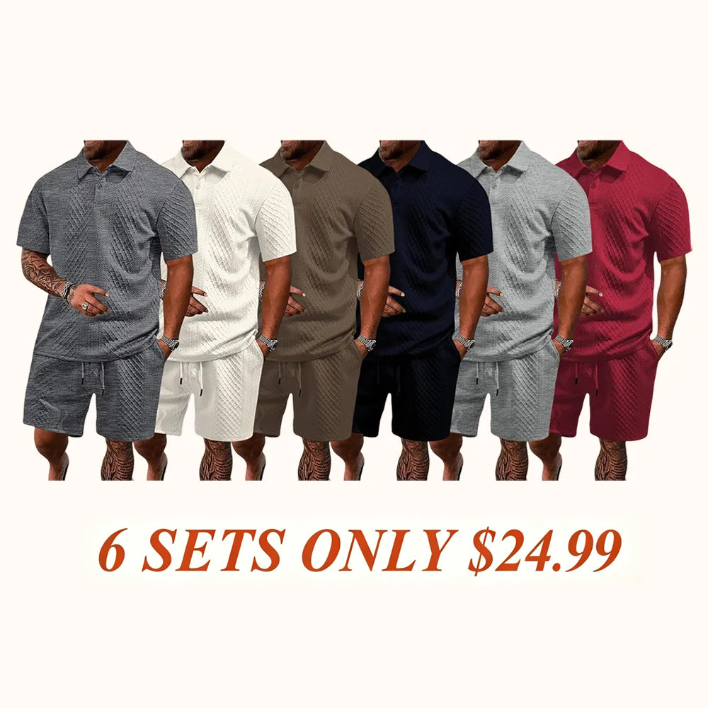 "🔥Last day promotion🔥Men's Solid Polo Shirt & Drawstring Waist Shorts Set, Cozy Breathable Two-piece"