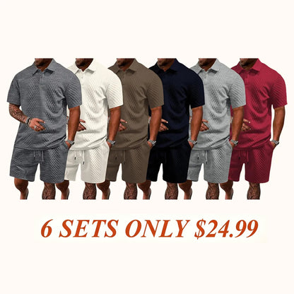 "🔥Last day promotion🔥Men's Solid Polo Shirt & Drawstring Waist Shorts Set, Cozy Breathable Two-piece"