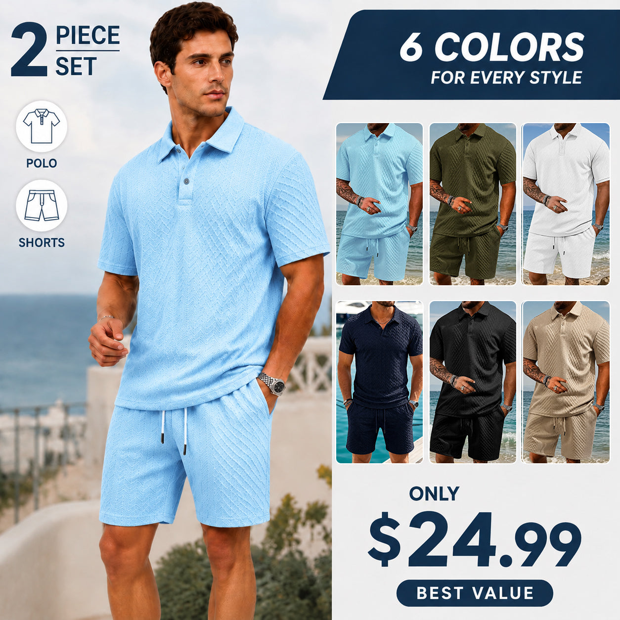 "🔥Last day promotion🔥Men's Solid Polo Shirt & Drawstring Waist Shorts Set, Cozy Breathable Two-piece"
