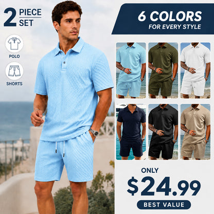 "🔥Last day promotion🔥Men's Solid Polo Shirt & Drawstring Waist Shorts Set, Cozy Breathable Two-piece"