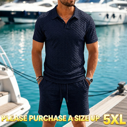 "🔥Last day promotion🔥Men's Solid Polo Shirt & Drawstring Waist Shorts Set, Cozy Breathable Two-piece"