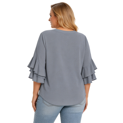 Women's Plus Size Ruffled Sleeve V-Neck Shirt Blouse Tops