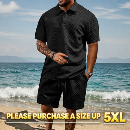 "🔥Last day promotion🔥Men's Solid Polo Shirt & Drawstring Waist Shorts Set, Cozy Breathable Two-piece"