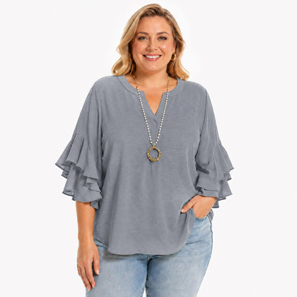 Women's Plus Size Ruffled Sleeve V-Neck Shirt Blouse Tops