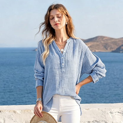 Limited time sale🔥Womens Casual Gauze Button Neck Long Sleeve Oversized BlousesTops